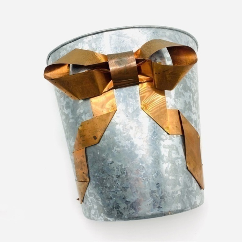 Vintage Galvanized Metal Wall Pocket Planter with Copper Bow Accent Rustic